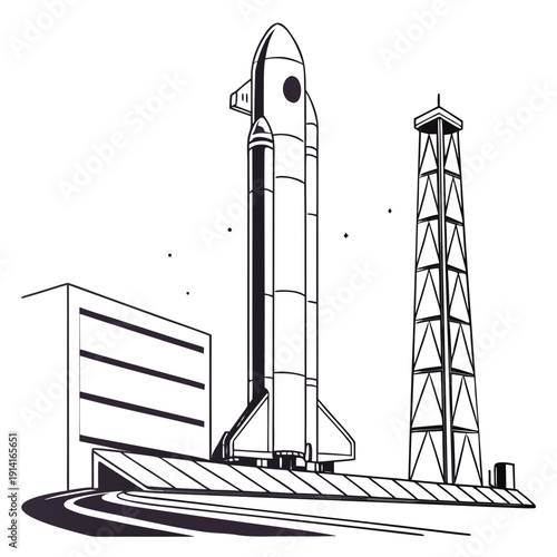 Black and white of a rocket on a launchpad space line spacecraft 3