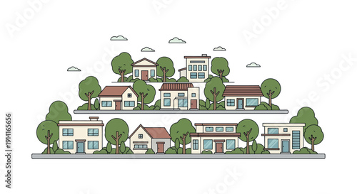 Flat illustration of suburban houses and trees on white background