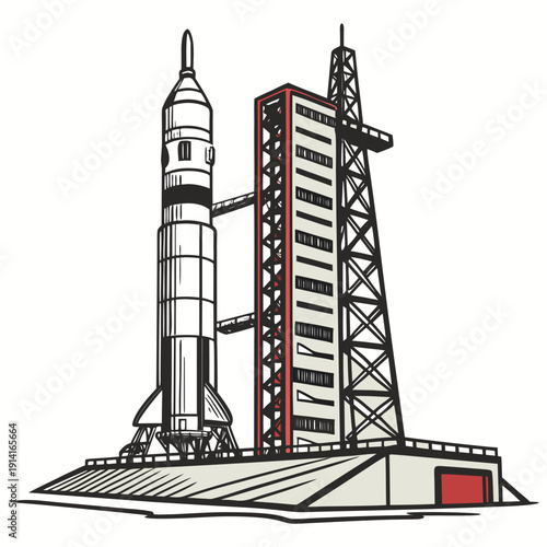 Rocket on launchpad with tower space white background
