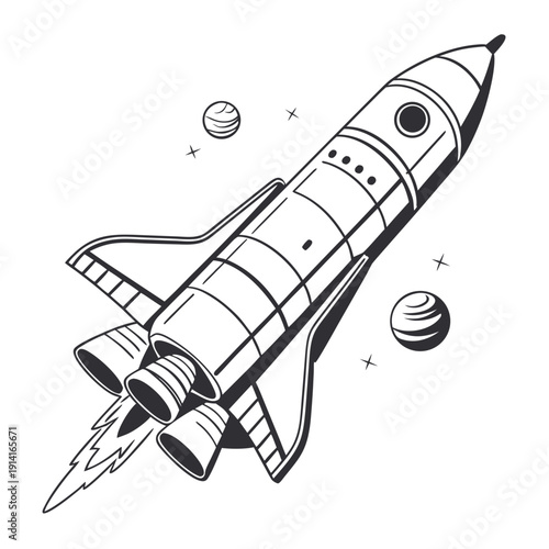 Black and white of a space shuttle flying through space with planets