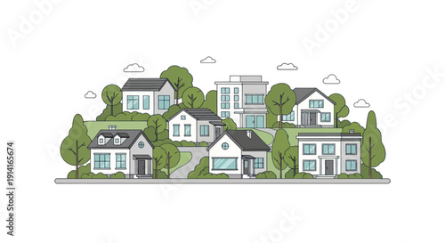 Diverse modern houses on green hill, minimalist architecture, suburban neighborhood illustration