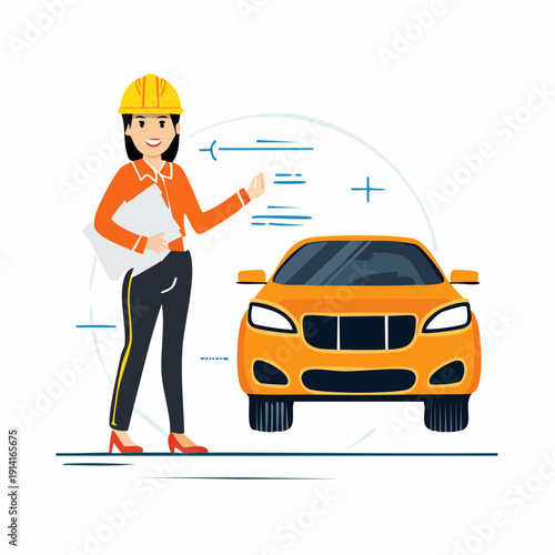 A female vector profession worker or person in work attire standing isolated beside an orange car, indicating a design or plan with a plus sign