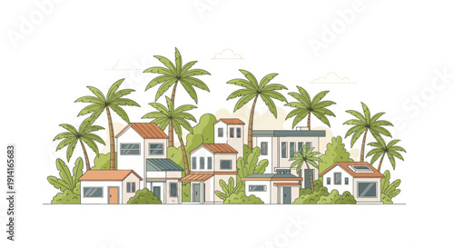 Tropical Village Scene with Palm Trees and Modern Houses