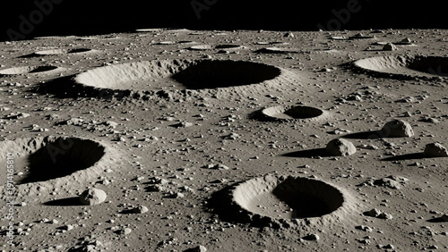 Lunar Surface - A Detailed View of Craters and Terrain Under Sunlight.