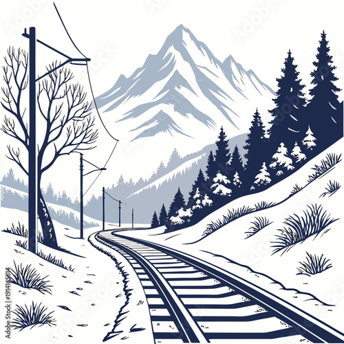 Train tracks winding through snowy landscape with mountains