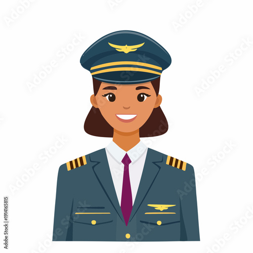 A vector illustration of a smiling female pilot in uniform, a person representing her profession, isolated on a plain background from a front viewpoint