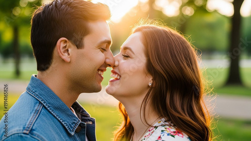 Joyful couple sharing a tender moment, embracing love and happiness outdoors in the park.