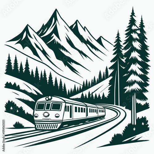 Train traveling through mountainous landscape with trees