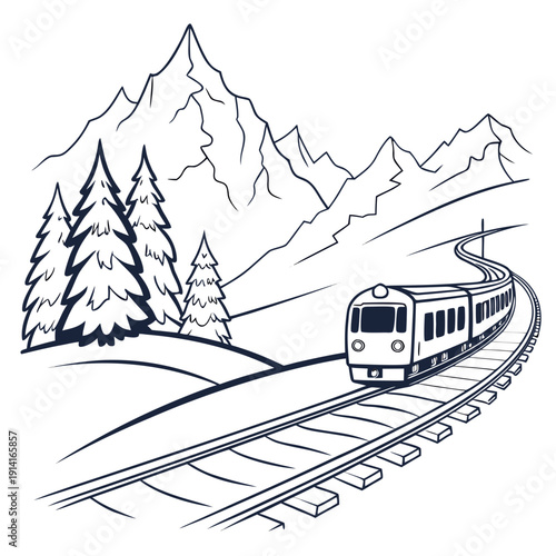 Train traveling through mountainous landscape with trees 1
