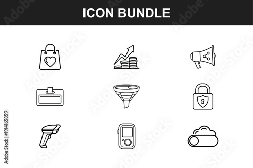 Retail shopping and business security icon collection including megaphone marketing cloud storage and financial tracking line graphics