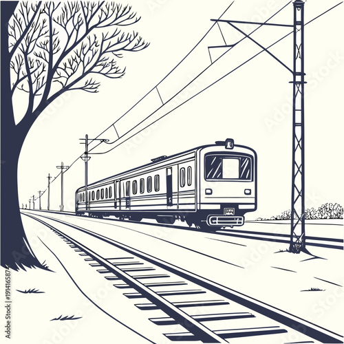 Train on tracks beside tree and power lines railroad