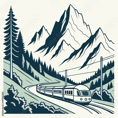 Train traveling through mountainous landscape with trees 2