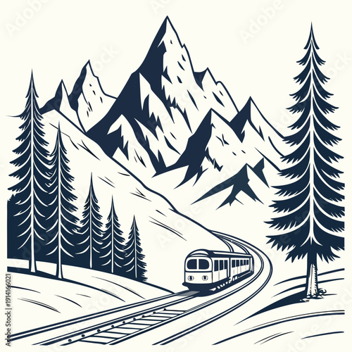 Train traveling through mountains and trees railroad