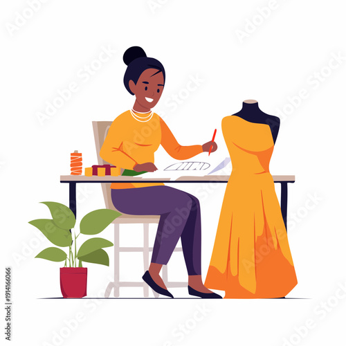 Vector illustration of a person, a fashion designer worker, isolated at work with people inspiration, creating a dress on a mannequin.