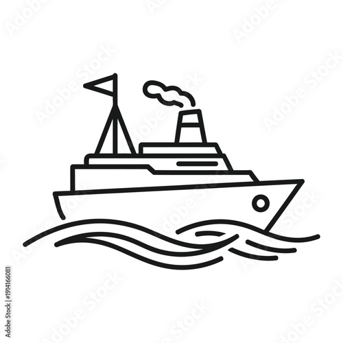 Simple black line icon depicts a steamship or cruise liner moving across stylized water waves.