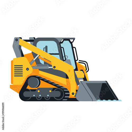 Yellow compact tracked skid steer loader with bucket on white background, construction equipment