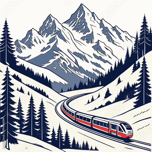 Red train traveling through snowy mountain landscape with pine trees 2