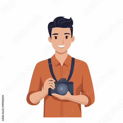 A smiling person, a professional photographer, holding a camera, vector illustration of a person at work, isolated on a simple background