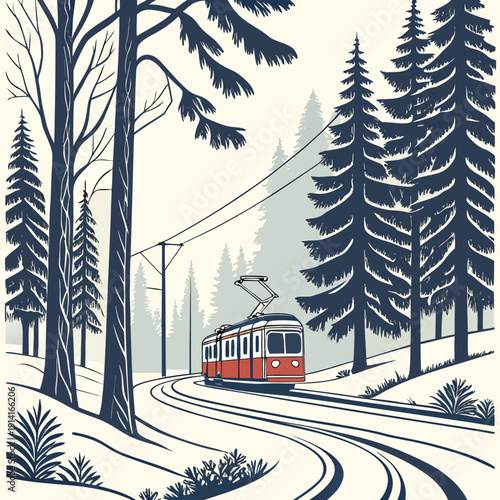 Red tram on snowy forest track surrounded by tall trees