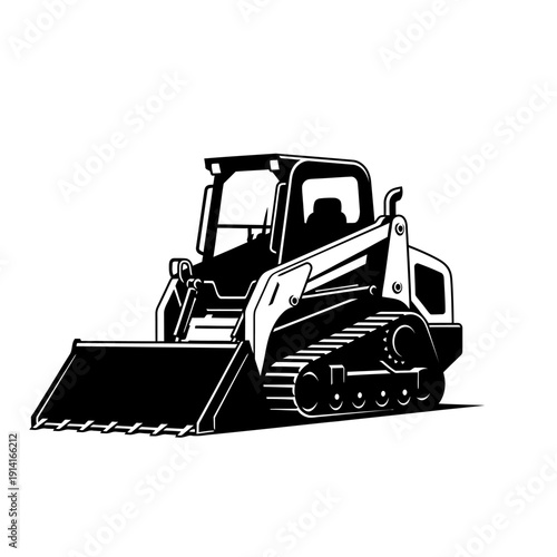 Compact tracked skid steer loader with front bucket, construction equipment, industrial vehicle.