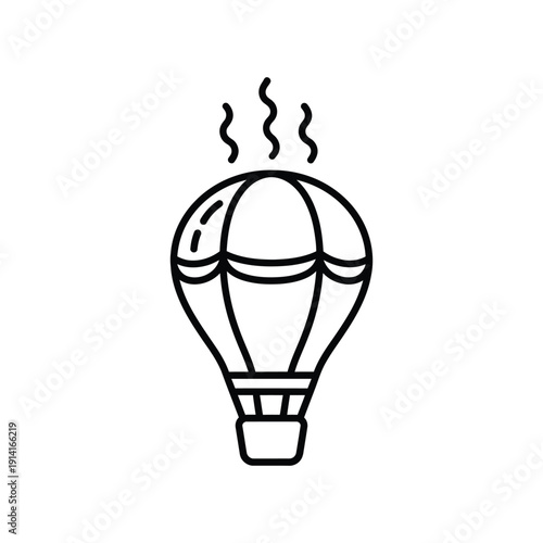 Hot air balloon illustration depicts an inflated canopy with rising heat lines, suggesting flight or adventure.