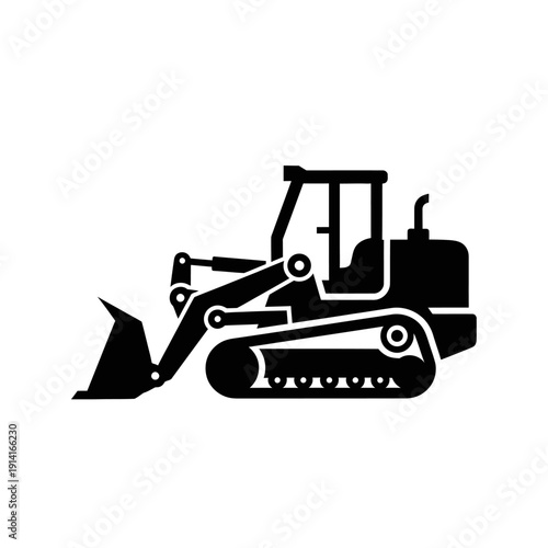 Black silhouette of a tracked bulldozer with a front loader on a white background