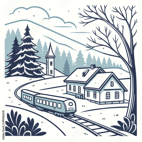 Winter scene with train and buildings snow house church