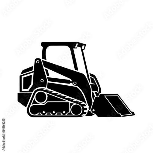 Compact tracked skid steer loader with front bucket, black silhouette icon on white background