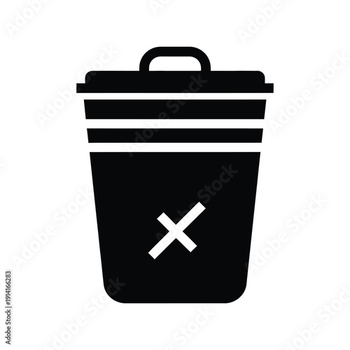 A stylized black trash can silhouette with a white cross marking indicates a delete or remove function on a neutral background.