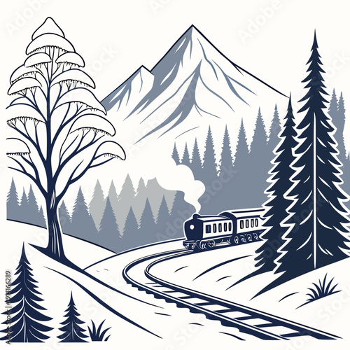 Train traveling through snowy landscape with mountains and trees 1