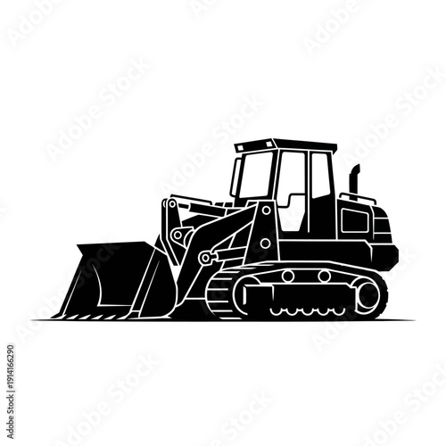 Black silhouette of a crawler loader with a large bucket on a white background