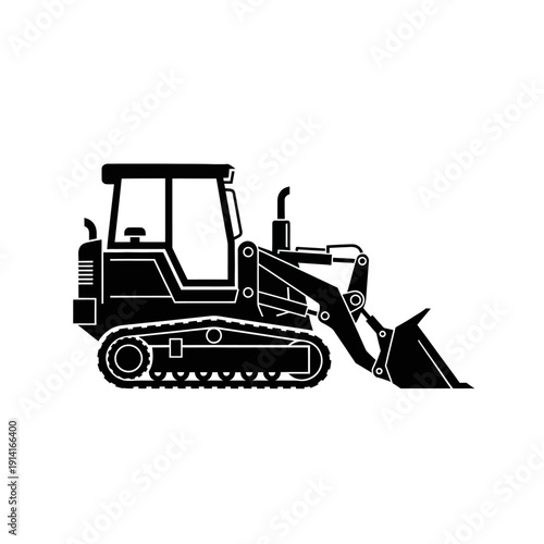 Black silhouette of a tracked bulldozer with a front loader on a white background
