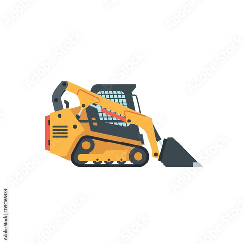 Yellow compact tracked skid steer loader with bucket, construction equipment isolated on white background.