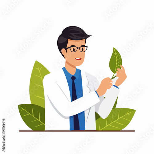 Vector illustration of a person, a worker in a profession, examining a leaf in isolation with people in the background