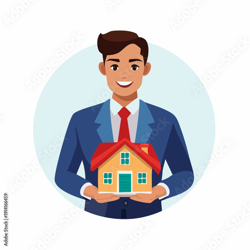 Vector illustration of a smiling business person holding a house, representing a real estate worker or profession, isolated on a simple background.