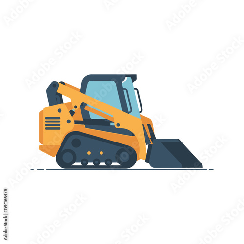 Compact yellow skid steer loader with bucket on tracks, construction equipment, heavy machinery
