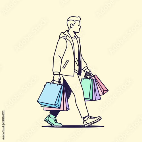 Man Walking with Shopping Bags - Modern Line Art Style