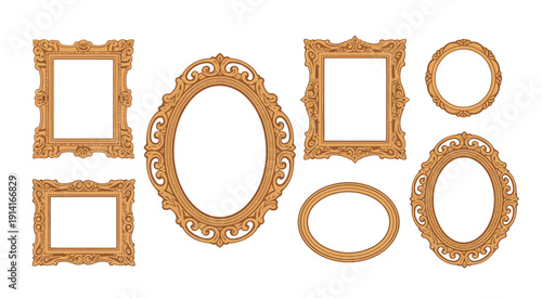 Vintage Picture Frames Set, wall art gallery borders in old antique style, baroque baguettes, retro historical museum decoration for paintings, flat vector illustrations isolated on white background, 