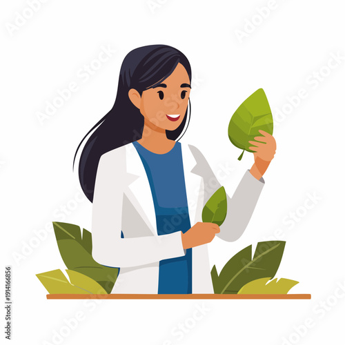 A vector illustration of a person worker in a lab coat holding leaves, isolated on a simple background, from a frontal viewpoint, showing profession and work with people