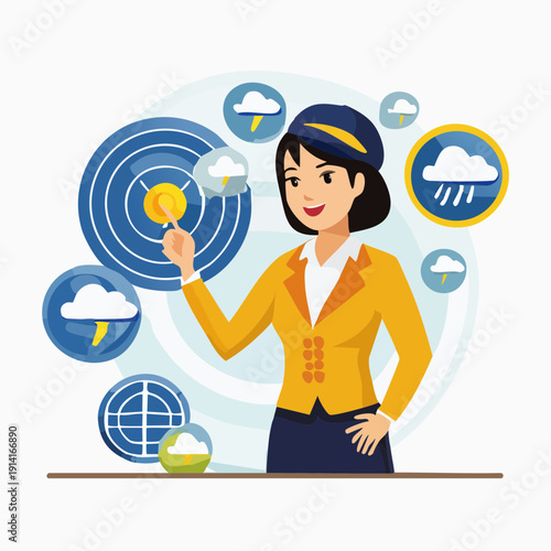 Vector illustration of a professional female worker person in uniform predicting weather, surrounded by people, work related icons, isolated on a simple background from a straightforward viewpoint