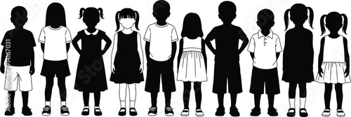 Children silhouettes collection, boys and girls standing together, diverse kids figures isolated on white background illustration design