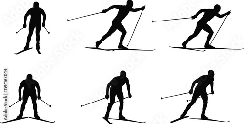 Cross country skiing athlete silhouettes, winter sport skier with poles vector illustration isolated background collection set