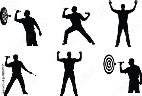 Darts player silhouettes set, throwing dart at target board, professional dart game action poses isolated on white background illustration