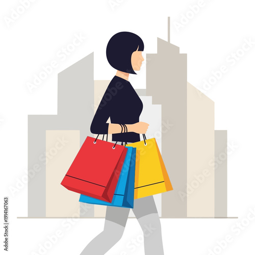 Woman walks with shopping bags against city skyline, illustration, retail therapy