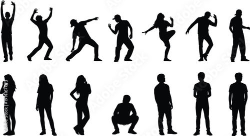 Dancing people silhouettes set, hip hop street dance poses vector illustration isolated background collection urban youth dancers