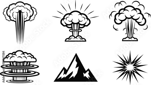 Explosion silhouettes set, mushroom cloud blast vector illustration isolated background collection nuclear explosion effect symbols
