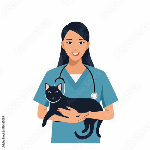 A person working as a veterinarian holding a black cat with a stethoscope around their neck, depicting people in their profession with care and work.