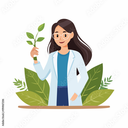 A person working in their profession surrounded by plants and holding a small green plant in their hand.