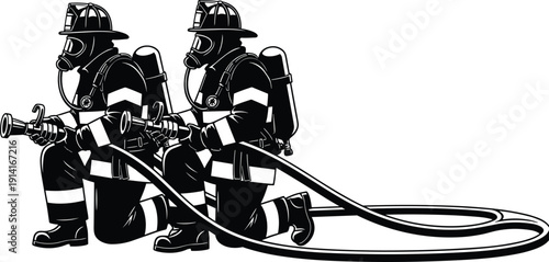 Firefighter team silhouettes operating fire hose, emergency response workers in protective gear, firefighting action concept isolated on white background illustration