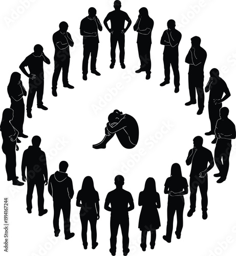 People silhouettes circle around depressed person sitting alone, social pressure bullying isolation mental health concept vector illustration